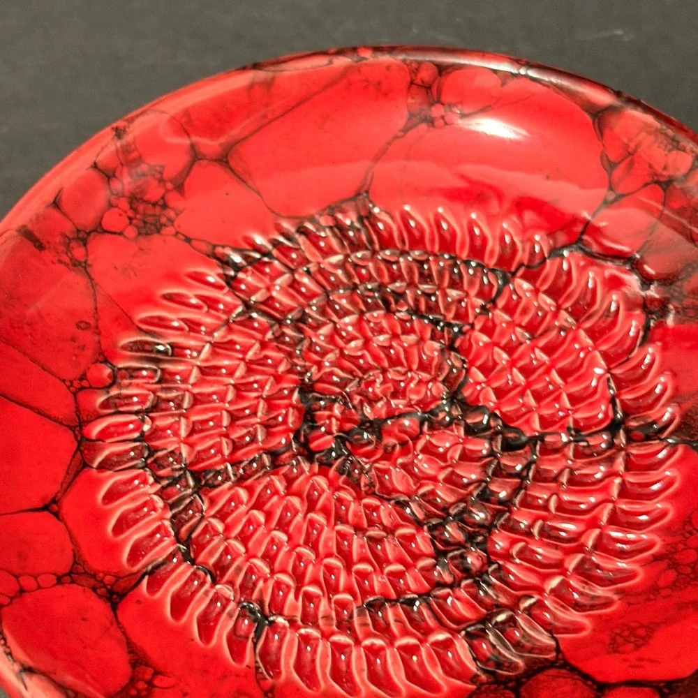 Red Artisan Ceramic Garlic Grater Plate Black Marble Bubble Glaze 4.75 Inch